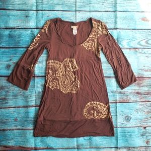 Y2K brown & metallic gold paisley print mini dress tunic size small